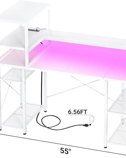 Cyclysio 55 inch Gaming Desk with LED Light, Adjustable Computer Desk with Storage Shelves, Home Office Desk with Power Outlets, Computer Gaming Desk with Long Monitor Stand for Small Space, White - LeafyLoom