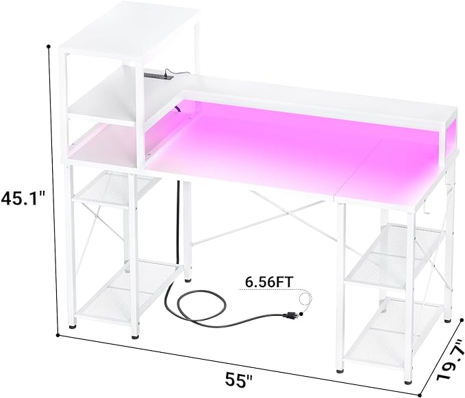 Cyclysio 55 inch Gaming Desk with LED Light, Adjustable Computer Desk with Storage Shelves, Home Office Desk with Power Outlets, Computer Gaming Desk with Long Monitor Stand for Small Space, White - LeafyLoom
