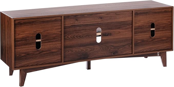 VEVOR Rattan TV Stand for 75in TV, Boho TV Stand with Rattan Door, Entertainment Center with Build-in Socket, Storage Cabinet with 2 Shelves, Modern TV Console for Living Room, Media Room, Walnut - LeafyLoom
