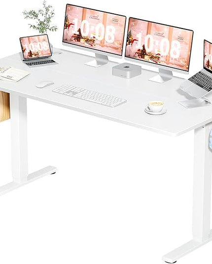 Sweetcrispy Standing Desk -55 in Electric Standing Desk, Height Adjustable Stand Up Desk for Home Office, Sit Stand Desk Stable Computer Rising Desk with Spliced Board, 2 Storage Hooks, White - LeafyLoom