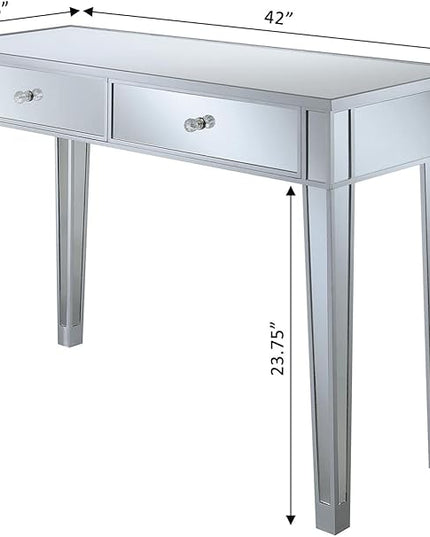 Convenience Concepts Gold Coast Desk 42" Console Table with 2 Drawers for Storage in Living Room, Office, Den, 42 x 15 x 30 inches, Silver/Mirror - LeafyLoom