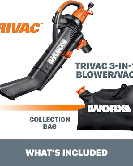 WORX WG505 TRIVAC 12 Amp 3-in-1 Electric Leaf Blower/Leaf Vacuum/Mulcher, Metal Impeller for Fine Mulching - LeafyLoom