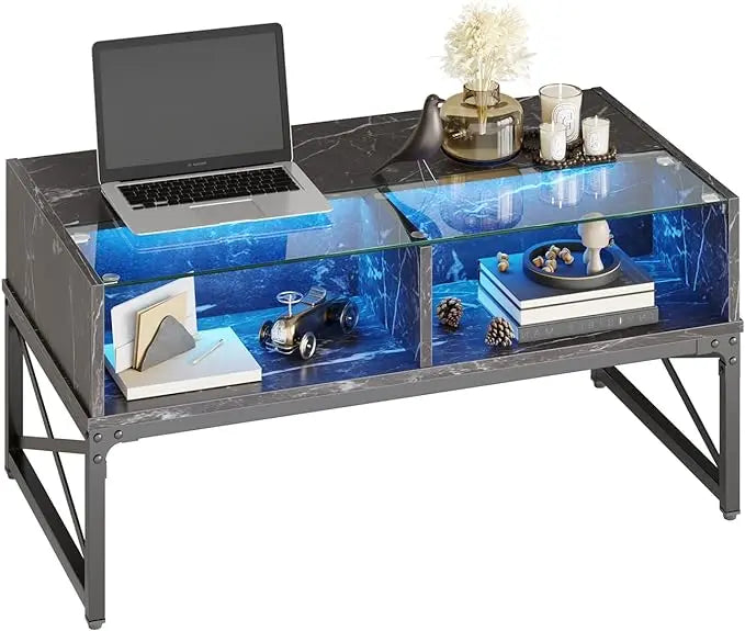 Bestier LED Coffee Tables for Living Room, 42 Inch Large Living Room Center Table, Smart Gaming Tea Tables for Home Office, Modern Style Black Faux Marble - LeafyLoom