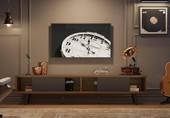 Bestier 70 inch Mid Century Modern TV Stand for 75 inch TV, Low Profile TV Stand with Storage, Entertainment Center for Living Room, Cord Management, Walnut - LeafyLoom