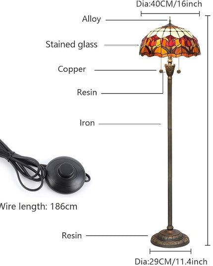Tiffany Floor Lamp Red Tulip Style Stained Glass lamp for Living Room Bedroom Office Bright Lighting Rustic Corner Deco Standing Tall Unique Vintage Reading Unique Bronze Reading Aesthetic - LeafyLoom