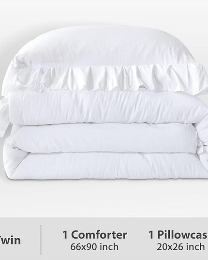 Andency White Comforter Twin Size, 2 Pieces Solid Farmhouse Shabby Chic Ruffle Bedding Comforters & Sets, All Season Soft Lightweight Fluffy Bed Set for Kids Girls Teens - LeafyLoom