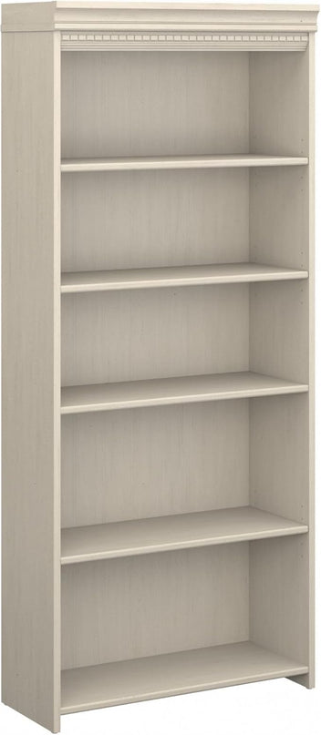 Bush Furniture 5 Shelf Bookcase with 3 Adjustable Storage Shelves | Fairview Collection Tall Bookshelf for Office or Home, 30W x 12D x 69H, Antique White - LeafyLoom