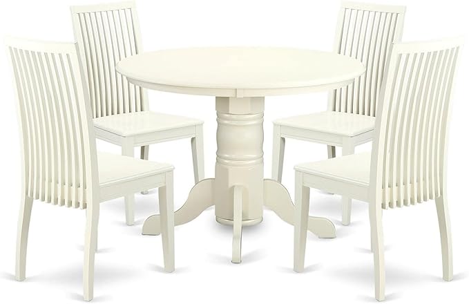 East West Furniture SHIP5-LWH-W 5 Piece Room Set Includes a Round Wooden Table with Pedestal and 4 Kitchen Dining Chairs, 42x42 Inch - LeafyLoom