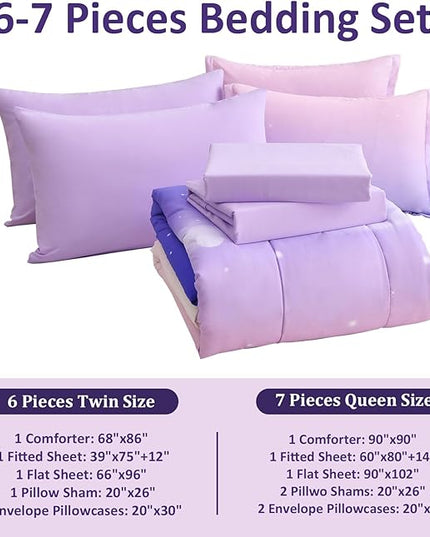 Dinjoy Girls Comforter Set Full Size Colorful Rainbow Ombre Purple Lavender Pink Bedding Set Gradient 7 Pieces Bed in A Bag for Kids Teen Girl Women(1 Comforter, 1 Flat Sheet, 1 Fitted Sheet) - LeafyLoom