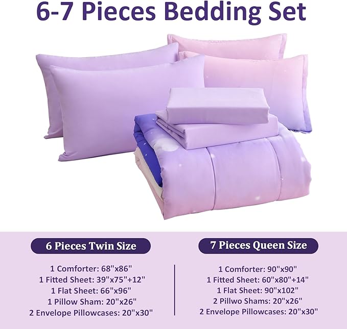 Dinjoy Girls Comforter Set Twin Size Colorful Rainbow Ombre Purple Lavender Pink Bedding Set Gradient 6 Pieces Bed in A Bag for Kids Teen Girl Women(1 Comforter, 1 Flat Sheet, 1 Fitted Sheet) - LeafyLoom