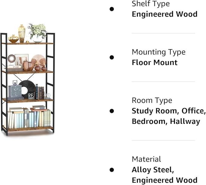 NUMENN 4 Tier Bookshelf, Tall Bookcase Shelf Storage Organizer, Modern Book Shelf for Bedroom, Living Room and Home Office, Vintage - LeafyLoom