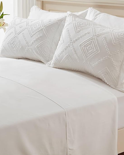 EMME King Comforter Set - 7 Pcs White Boho Comforter Set, Tufted King Size Bedding Sets with Sheets, Shabby Chic Embroidery Bed Set Fluffy Bed Bag for All Season(102"X90") - LeafyLoom