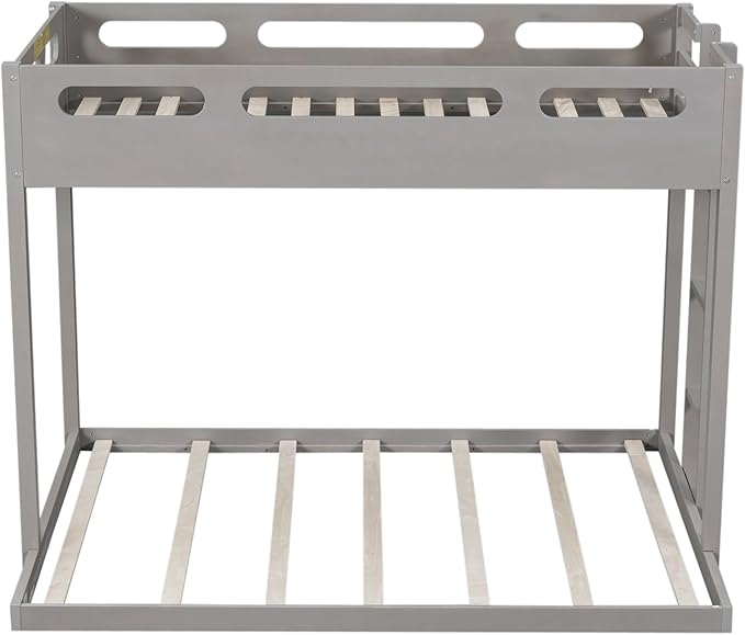 Twin Over Full Bunk Bed with Built-in Ladder, Solid Wood Floor Bedframe with Guardrail, Headboard and Footboard, for Kids Teens Adults, Bedroom/Dorm Bunkbeds, Gray - LeafyLoom