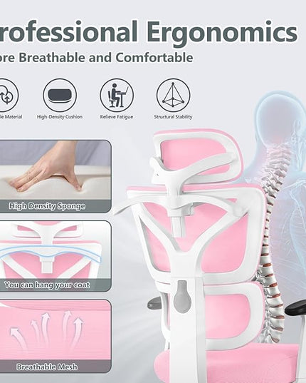 Office Chair Ergonomic Desk Chair, High Back Gaming Chair, Big and Tall Reclining chair Comfy Home Office Desk Chair Lumbar Support Breathable Mesh Computer Chair Adjustable Armrests (Pink) - LeafyLoom