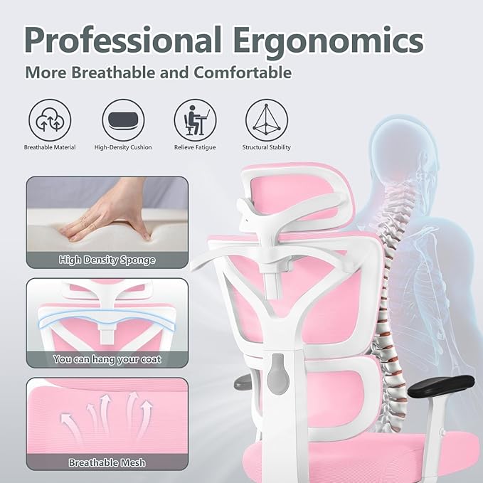 Office Chair Ergonomic Desk Chair, High Back Gaming Chair, Big and Tall Reclining chair Comfy Home Office Desk Chair Lumbar Support Breathable Mesh Computer Chair Adjustable Armrests (Pink) - LeafyLoom