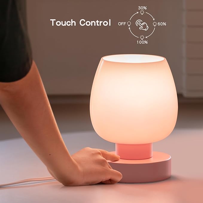 Touch Bedside Table Lamps Set of 2, Dimmable Small Nightstand Lamps for Bedroom, Modern Simple Design, Pink - LeafyLoom