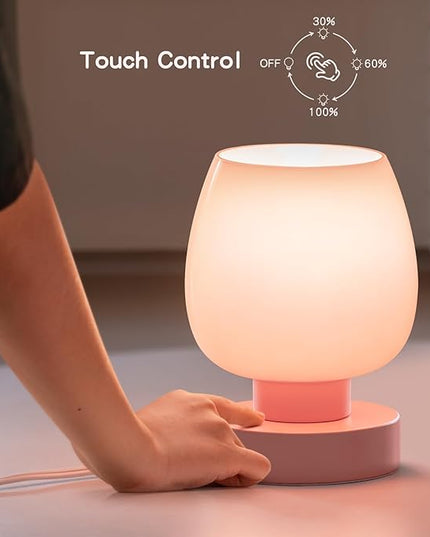 Touch Bedside Table Lamp - Modern Small for Bedroom Living Room Nightstand,Desk lamp with White Opal Glass Shade,Warm LED Bulb Included,3 Way Dimmable, Simple Design, Pink - LeafyLoom