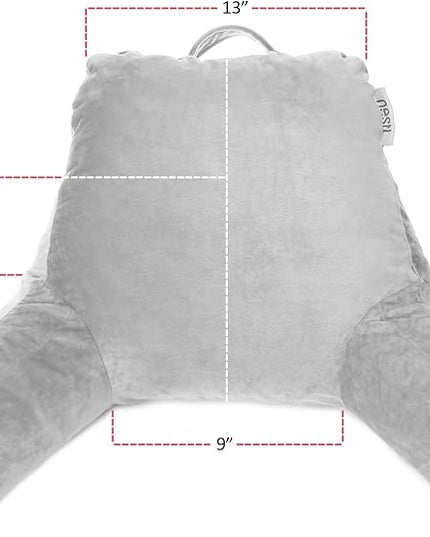 Clara Clark Reading Pillow for Kids, Small Back Pillow for Sitting Up in Bed, Memory Foam Back Support Pillow, Reading Pillows for Sitting in Bed, Light Grey Gaming Pillow with Arms and Pockets - LeafyLoom