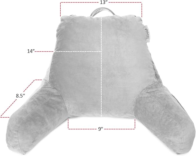 Clara Clark Reading Pillow for Kids, Small Back Pillow for Sitting Up in Bed, Memory Foam Back Support Pillow, Reading Pillows for Sitting in Bed, Light Grey Gaming Pillow with Arms and Pockets - LeafyLoom