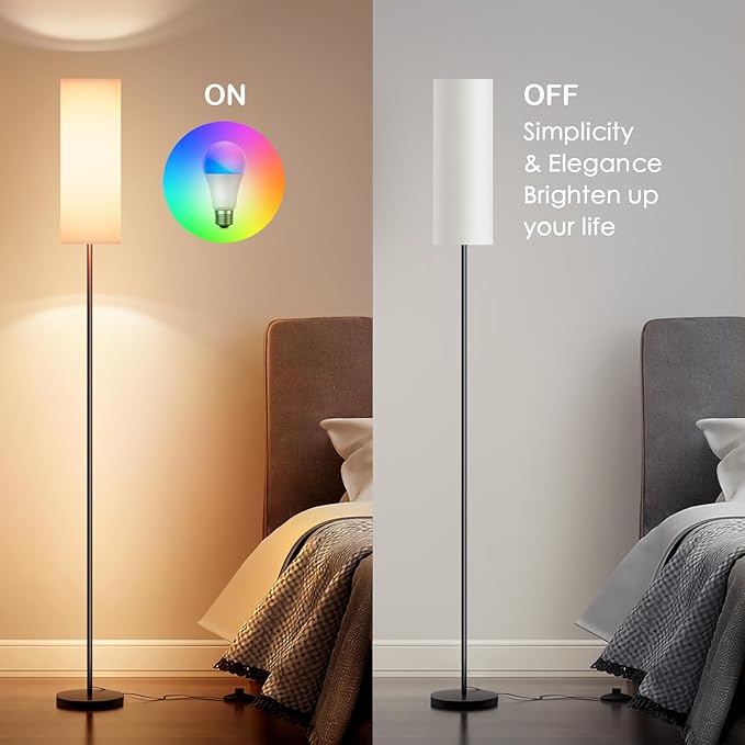 Floor Lamps for Living Room, Modern Floor Lamp with RGB LEDs Bulb,Standing Floor Lamp with App Control & Remote Control,Tall Reading Lamp for Bedroom, Living Room, White lampshade - LeafyLoom