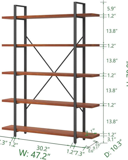 HSH Solid Wood 5 Shelf Bookshelf, Industrial Real Natural Wood Tall Etagere Bookcase, Modern Large Open Wide Big Metal Book Shelf with 5 tier Storage for Bedroom Living Room Home Office, Rustic Brown - LeafyLoom