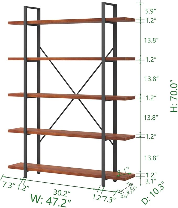 HSH Solid Wood 5 Shelf Bookshelf, Industrial Real Natural Wood Tall Etagere Bookcase, Modern Large Open Wide Big Metal Book Shelf with 5 tier Storage for Bedroom Living Room Home Office, Rustic Brown - LeafyLoom