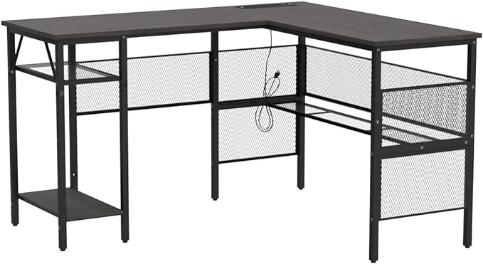 Unikito L Shaped Desk, Reversible Corner Computer Desks with Power Outlet and USB Charging Port, L- Shaped Office Desk with Storage Shelf and Under Bookshelf, Modern 2 Person Long Table, Enoch Walnut - LeafyLoom