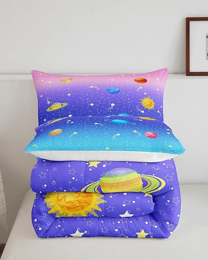 Erosebridal Cute Galaxy Comforter Set King for Boys Girls Kids Stars Planet Space Bedding Set Kawaii Rainbow Pastel Bedding Comforter Sets Pink Blue Purple Ombre Cartoon Quilt Duvet 2 Pillow Cases - LeafyLoom