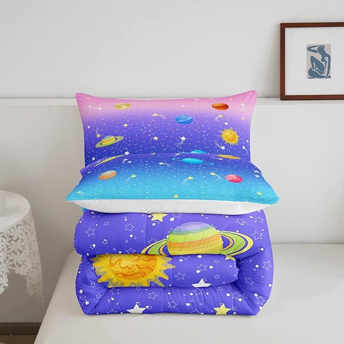 Erosebridal Cute Galaxy Comforter Set King for Boys Girls Kids Stars Planet Space Bedding Set Kawaii Rainbow Pastel Bedding Comforter Sets Pink Blue Purple Ombre Cartoon Quilt Duvet 2 Pillow Cases - LeafyLoom