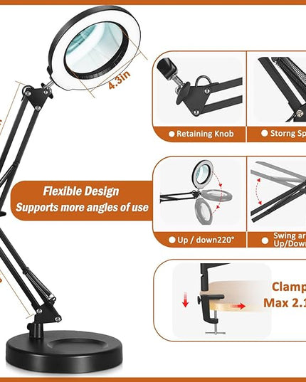 Veemagni 10X Magnifying Glass with Light, 5 Color Modes Stepless Dimmable 2-in-1 Desk Lamp and Clamp, LED Lighted Magnifier with Light and Stand, Hands Free for Craft Repair Hobby Painting Close Work - LeafyLoom