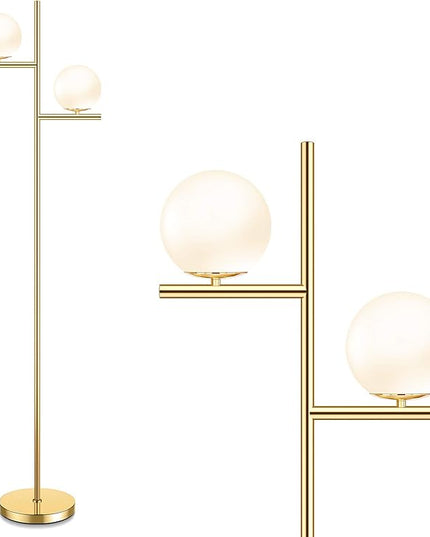 Mid Century Floor Lamp - 2 Globe Modern Standing Lamp with Foot Pedal, Frosted Glass Stand Up Lights for Living Room, Bedroom, Office, Contemporary LED Antique Brass|Gold Tall Pole Light Indoor - LeafyLoom
