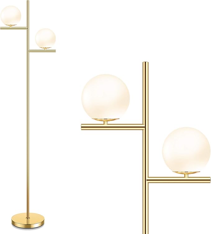 Mid Century Floor Lamp - 2 Globe Modern Standing Lamp with Foot Pedal, Frosted Glass Stand Up Lights for Living Room, Bedroom, Office, Contemporary LED Antique Brass|Gold Tall Pole Light Indoor - LeafyLoom