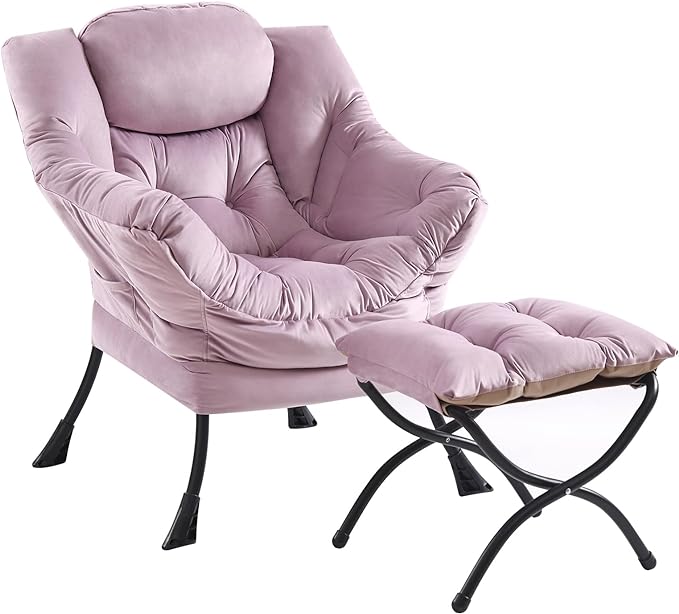 Lazy Chair with Ottoman, Modern Chair with Folding Footrest, Lounge Accent Chair, Comfortable Reading Chair (Light Purple) - LeafyLoom
