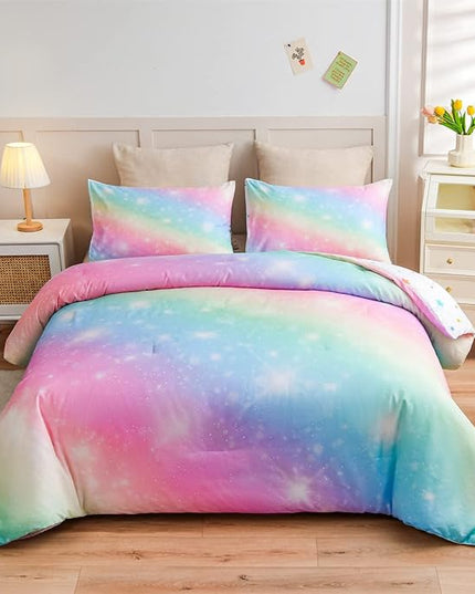 Holawakaka Girls Ombre Glitter Comforter Set, Twin Size Gradient Rainbow Galaxy Print Kids Bedding Sets, Multi-color Ultra-soft Dorm Bed Set (Pink Green, Twin) - LeafyLoom