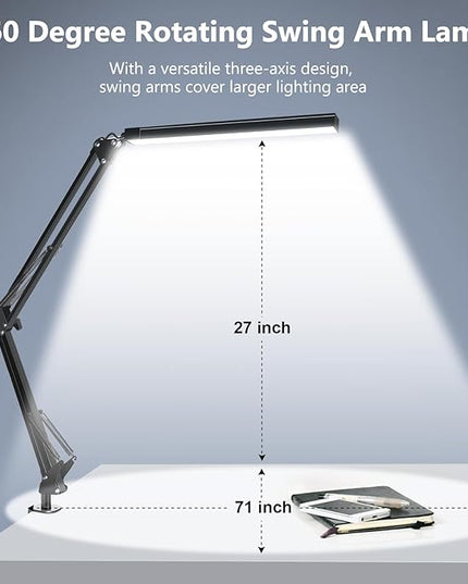 ODOM Adjustable Swing Arm Desk Lamps with Clamp, Upgraded 3 Color Modes 6 Brightness Stepless Dimming, Eye-Caring Memory Function Led Table Light for Home Office Reading Nail Desk, Black, 12W Adapter - LeafyLoom