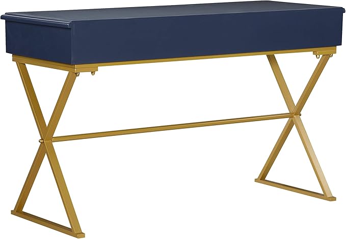 Linon Campaign Desk Navy with Gold Legs, Blue - LeafyLoom