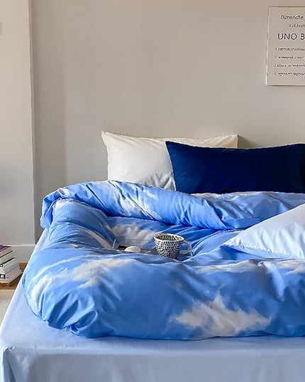 Cotton Blue Cloud Comforter Set King Size Sky Blue Comforter Cotton 3 Pieces Soft Light Blue King Comforter Bedding Set Women Solid Blue King Bed Comforter Set for All Season as Gift - LeafyLoom