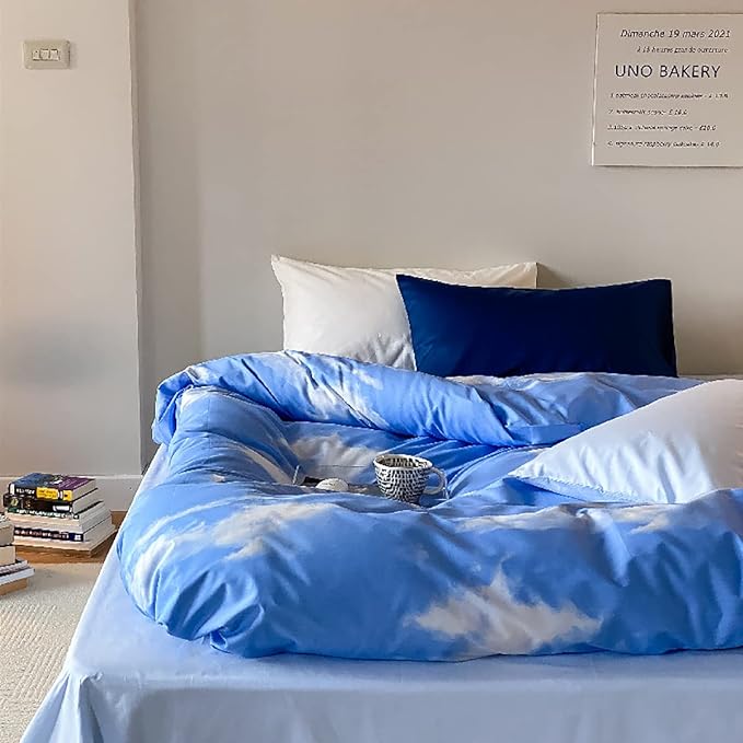 Cotton Blue Cloud Comforter Set King Size Sky Blue Comforter Cotton 3 Pieces Soft Light Blue King Comforter Bedding Set Women Solid Blue King Bed Comforter Set for All Season as Gift - LeafyLoom