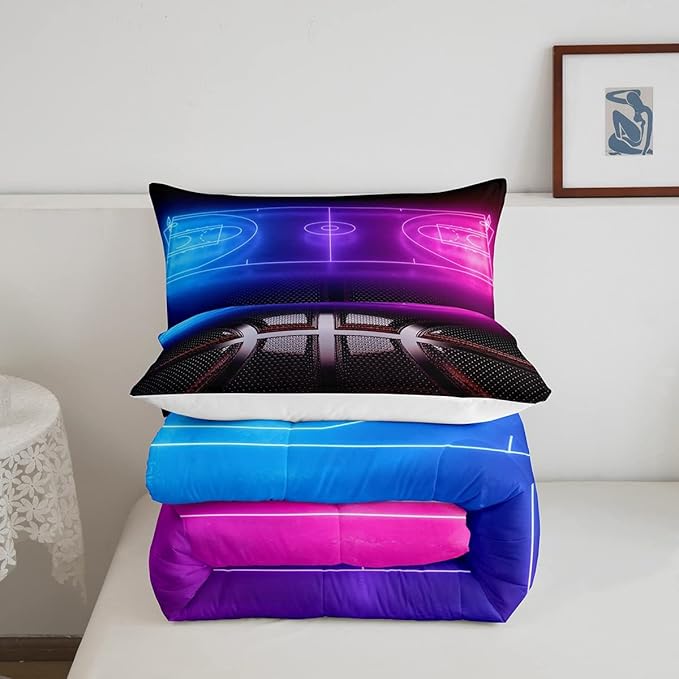 Erosebridal Sports Basketball Queen Comforter Set for Teen Boys Girls Neon Basketball Court Bedding Set,Ball Competitive Games Comforter Soft Lightweight Quilt Duvet Set 2 Pillow Cases Bedroom Decor - LeafyLoom