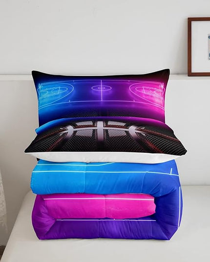 Erosebridal Sports Basketball Twin Comforter Set for Boys Girls Neon Basketball Court Bedding Set,Kids Ball Competitive Games Comforter Soft Lightweight Quilt Duvet Set 1 Pillow Case Bedroom Decor - LeafyLoom