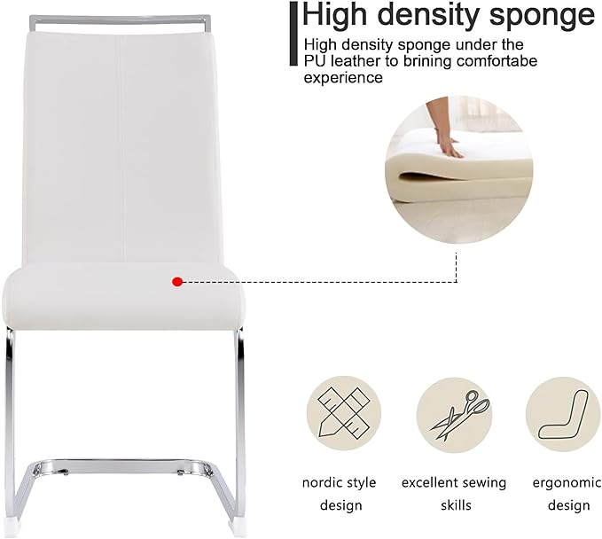 Dining Chairs Set, Kitchen Modern Metal Chairs with Faux Leather Padded Seat High Back and Sturdy Chrome Legs, Chairs for Dining Room (White, Set of 4) - LeafyLoom