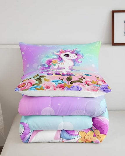 Cartoon Unicorn Kids Comforter Set Queen Size,Rose Flowers Butterfly Leaves Bedding Set,Girls Women Room Decor,Starry Sky Unicorn Cute Down Comforter,Pink Purple Romantic Duvet Insert,2 Pillowcases - LeafyLoom