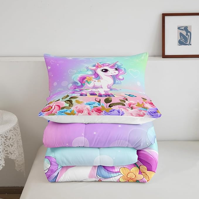 Cartoon Unicorn Kids Comforter Set Queen Size,Rose Flowers Butterfly Leaves Bedding Set,Girls Women Room Decor,Starry Sky Unicorn Cute Down Comforter,Pink Purple Romantic Duvet Insert,2 Pillowcases - LeafyLoom