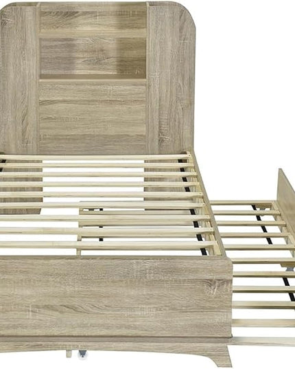 Merax Twin Bed Frame with Trundle and Bookcase Headboard,Kids Wood Platform Bed with Pull Out Bed and Light Strip in Headboard - LeafyLoom