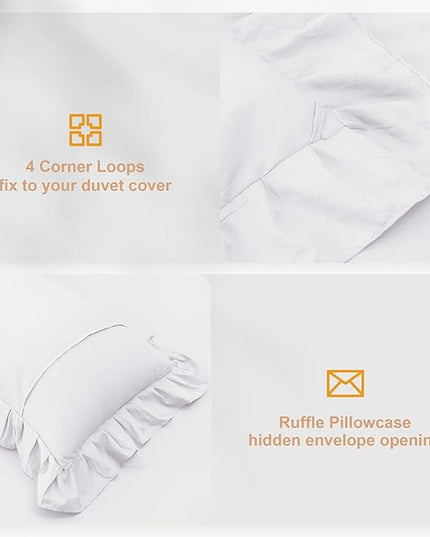 White Double Ruffle Comforter Set Queen Size (90x90 Inch), 3 Pcs Farmhouse Vintage Comforter Set (1 Ruffled Comforter and 2 Pillowcase), Rustic All Season Down Alternative Bedding Set - LeafyLoom