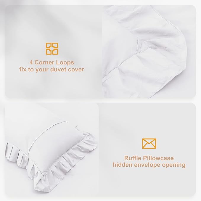 White Double Ruffle Comforter Set Queen Size (90x90 Inch), 3 Pcs Farmhouse Vintage Comforter Set (1 Ruffled Comforter and 2 Pillowcase), Rustic All Season Down Alternative Bedding Set - LeafyLoom