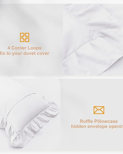 White Double Ruffle Comforter Set King Size (104x90 Inch), 3 Pcs Farmhouse Vintage Comforter Set (1 Ruffled Comforter and 2 Pillowcase), Rustic All Season Down Alternative Bedding Set - LeafyLoom