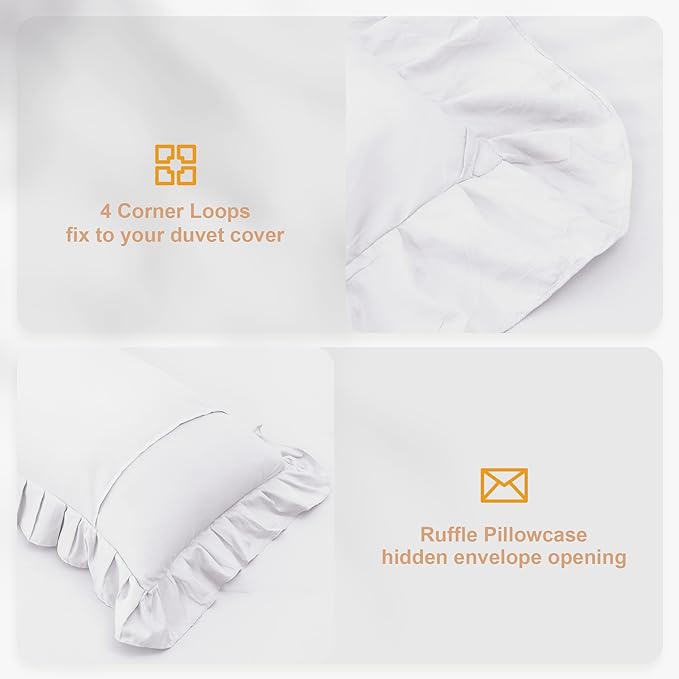 White Double Ruffle Comforter Set King Size (104x90 Inch), 3 Pcs Farmhouse Vintage Comforter Set (1 Ruffled Comforter and 2 Pillowcase), Rustic All Season Down Alternative Bedding Set - LeafyLoom