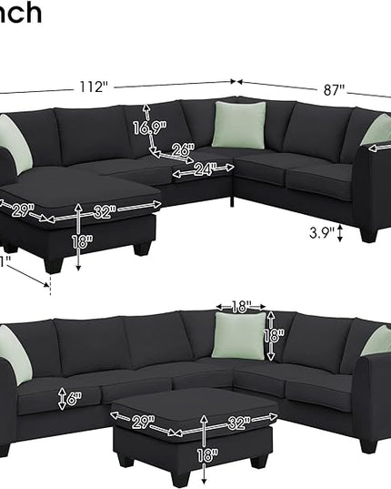 UBGO Funiture Living Room, Modern, L U-Shape, 7 Seats Modular Sectional Sofa with Ottoman,11287" Corner Couch Set with 3 Pillows,Black - LeafyLoom