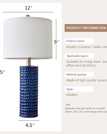 PORTRES 24.75" Modern Accent Ceramic Table Lamp Set of 2 for Bedroom Blue Desk Decor Bedside Lamps for Living Room Study Room Office Dorm Farmhouse Nightstand Lamp End Table Lamps - LeafyLoom